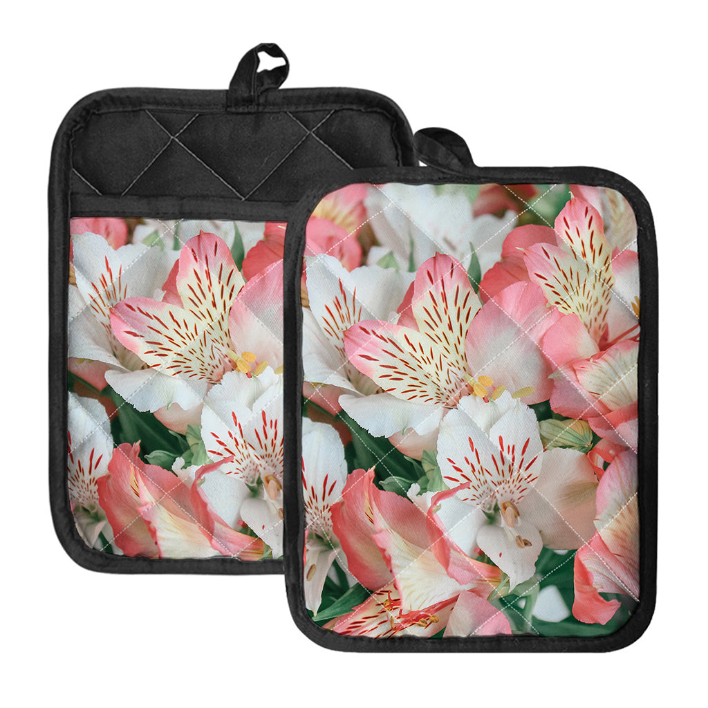 White And Pink Alstroemeria Print Pot Holders With Pocket