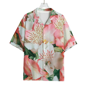 White And Pink Alstroemeria Print Rayon Hawaiian Shirt