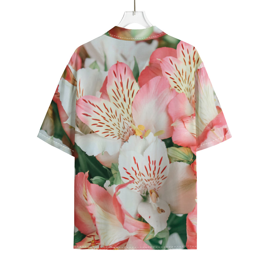 White And Pink Alstroemeria Print Rayon Hawaiian Shirt