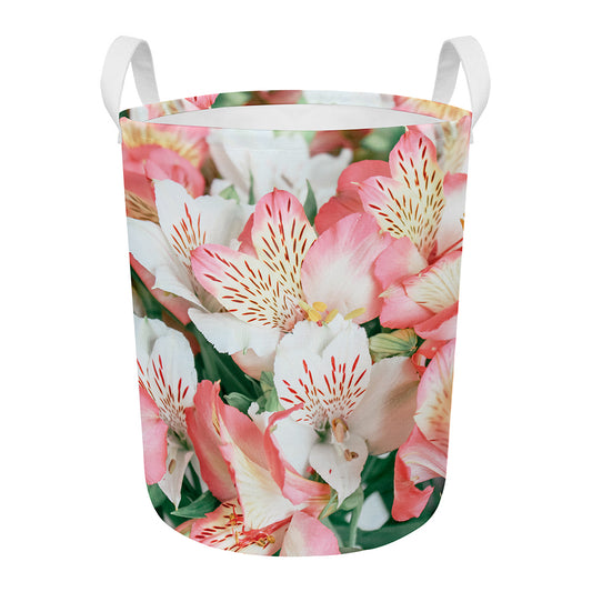 White And Pink Alstroemeria Print Round Laundry Basket