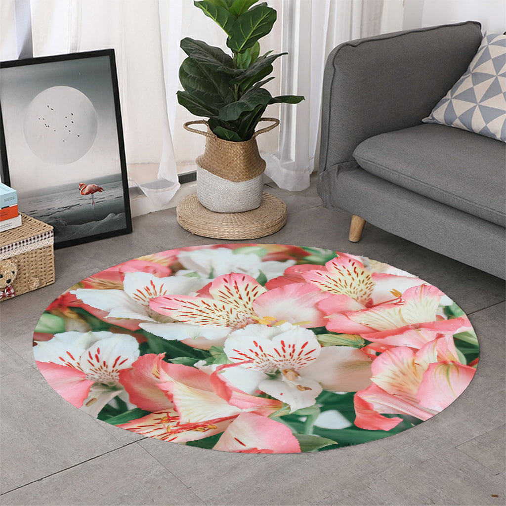 White And Pink Alstroemeria Print Round Rug