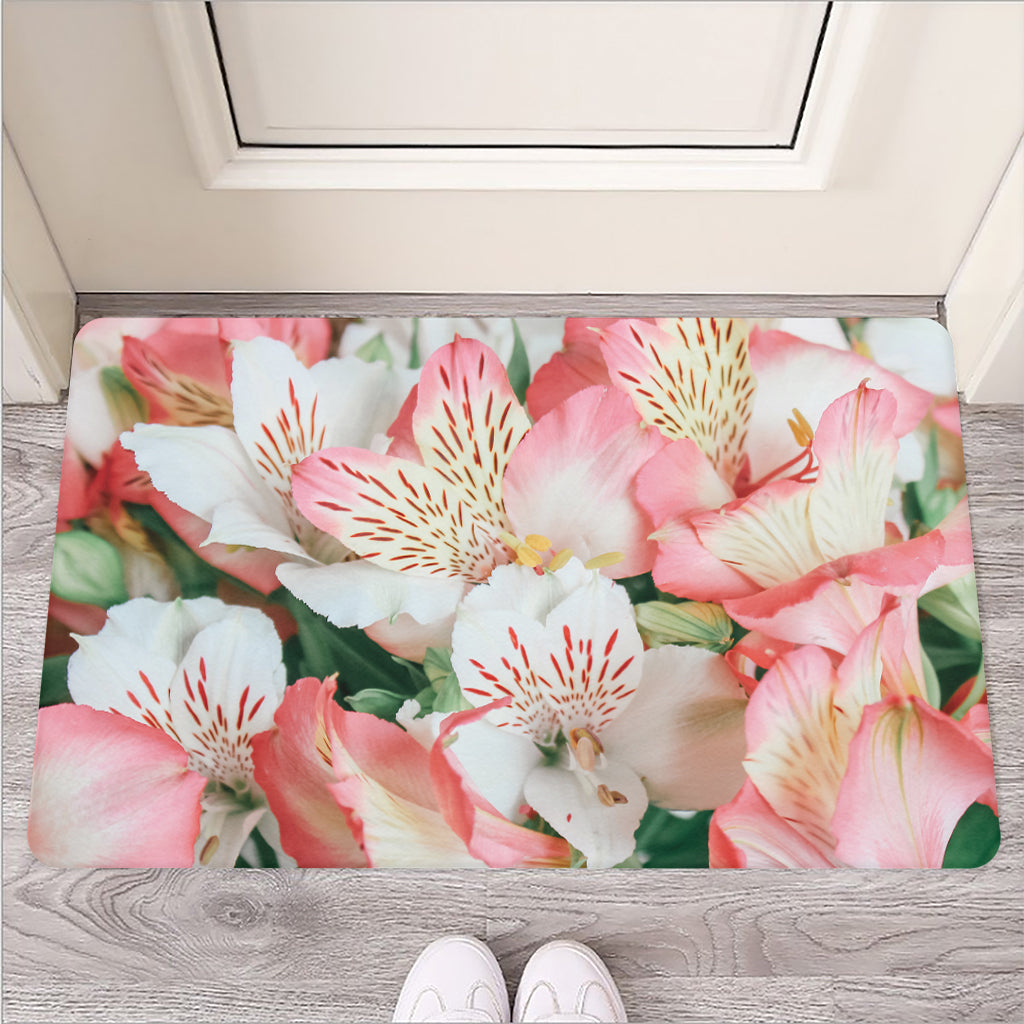 White And Pink Alstroemeria Print Rubber Doormat