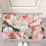 White And Pink Alstroemeria Print Rubber Doormat