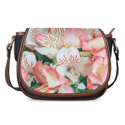 White And Pink Alstroemeria Print Saddle Bag