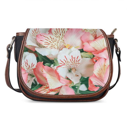 White And Pink Alstroemeria Print Saddle Bag