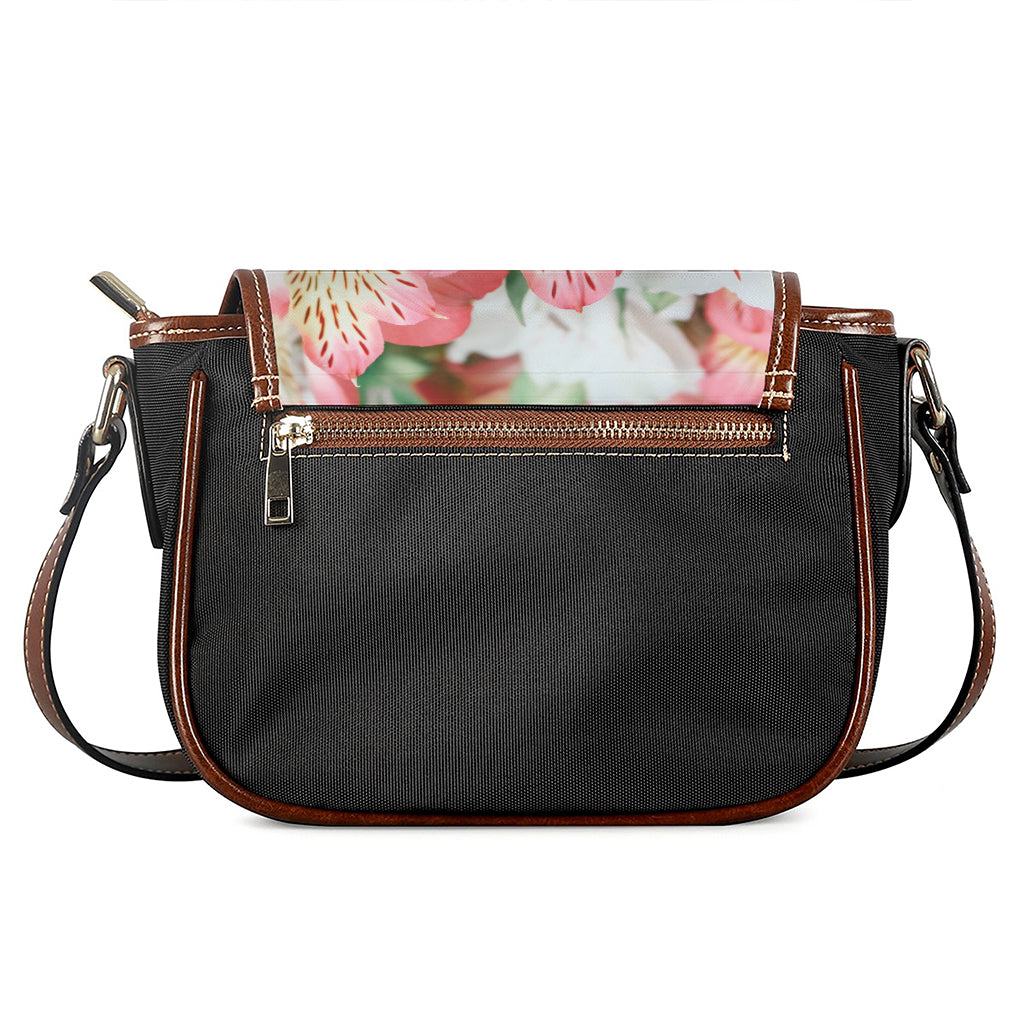 White And Pink Alstroemeria Print Saddle Bag