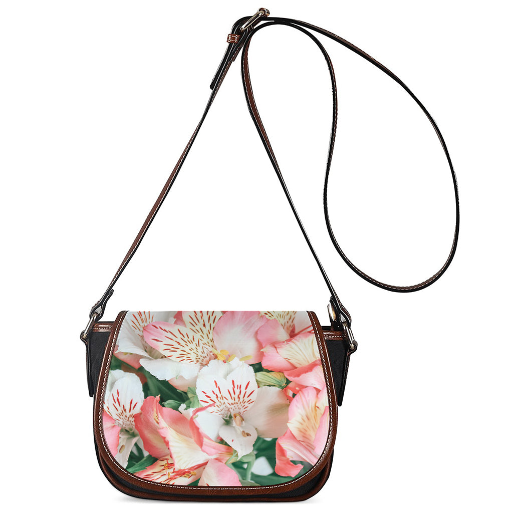 White And Pink Alstroemeria Print Saddle Bag