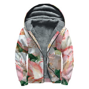 White And Pink Alstroemeria Print Sherpa Lined Zip Up Hoodie