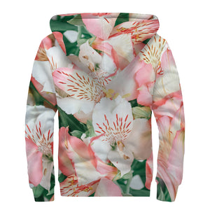 White And Pink Alstroemeria Print Sherpa Lined Zip Up Hoodie