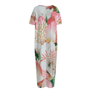 White And Pink Alstroemeria Print Short Sleeve Long Nightdress