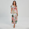 White And Pink Alstroemeria Print Short Sleeve Maxi Dress