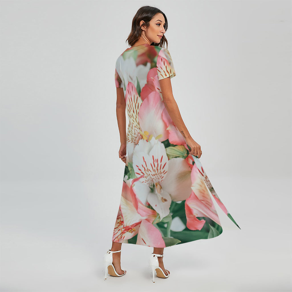 White And Pink Alstroemeria Print Short Sleeve Maxi Dress