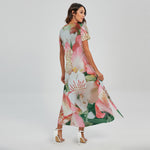 White And Pink Alstroemeria Print Short Sleeve Maxi Dress