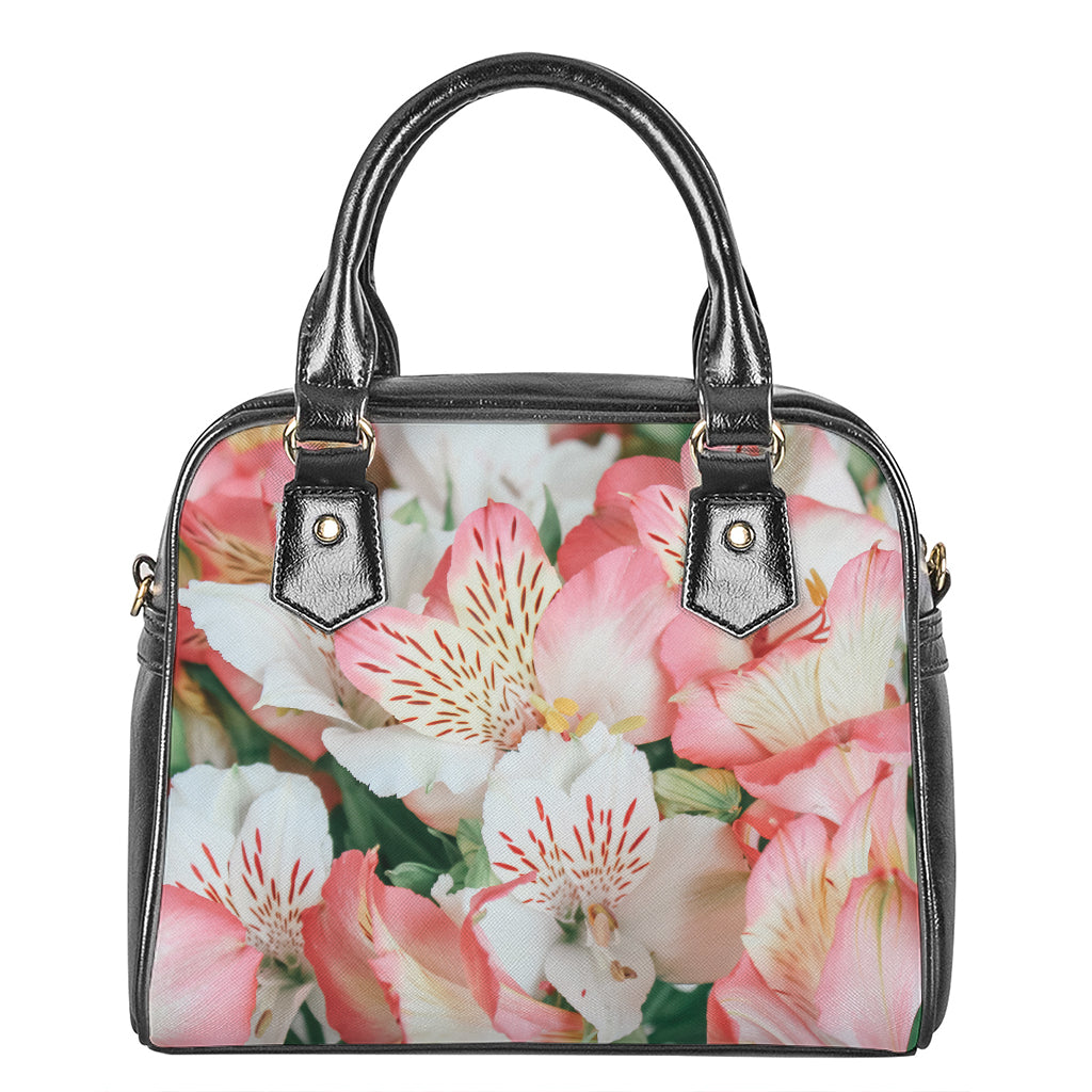 White And Pink Alstroemeria Print Shoulder Handbag