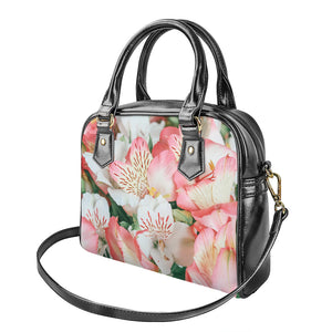 White And Pink Alstroemeria Print Shoulder Handbag