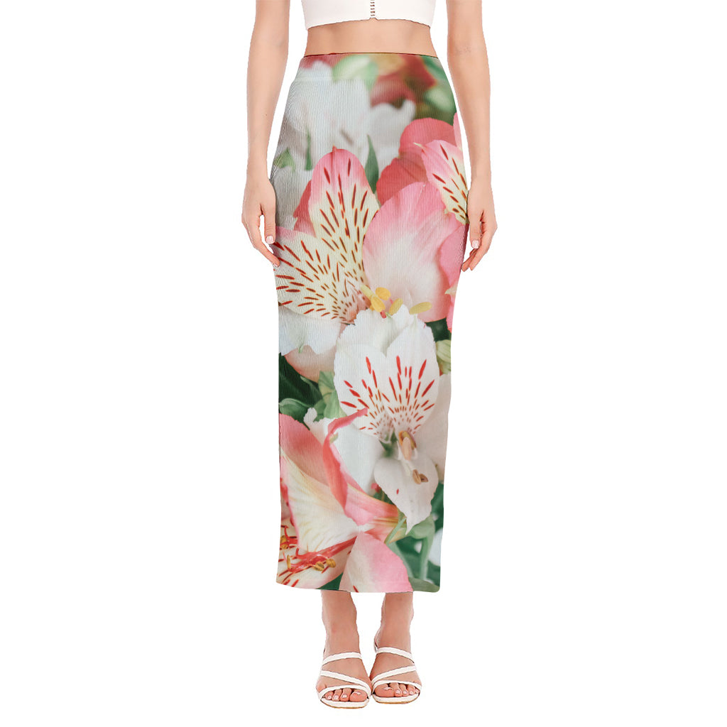 White And Pink Alstroemeria Print Side Slit Maxi Skirt