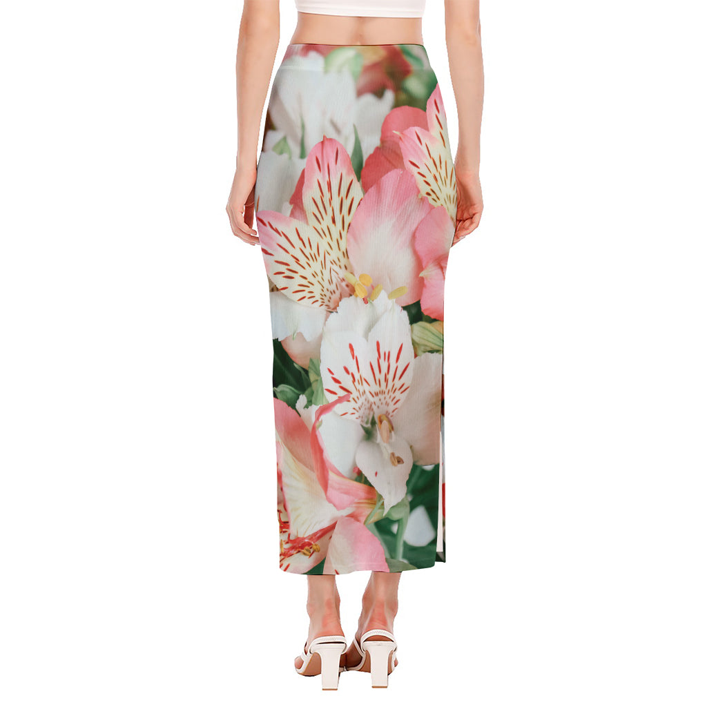 White And Pink Alstroemeria Print Side Slit Maxi Skirt