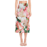 White And Pink Alstroemeria Print Side Slit Midi Skirt