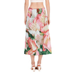 White And Pink Alstroemeria Print Side Slit Midi Skirt