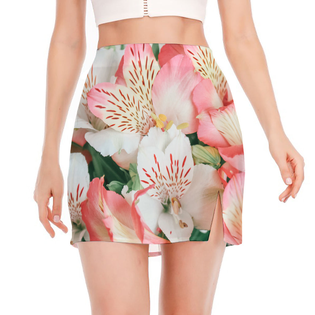 White And Pink Alstroemeria Print Side Slit Mini Skirt