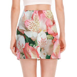 White And Pink Alstroemeria Print Side Slit Mini Skirt