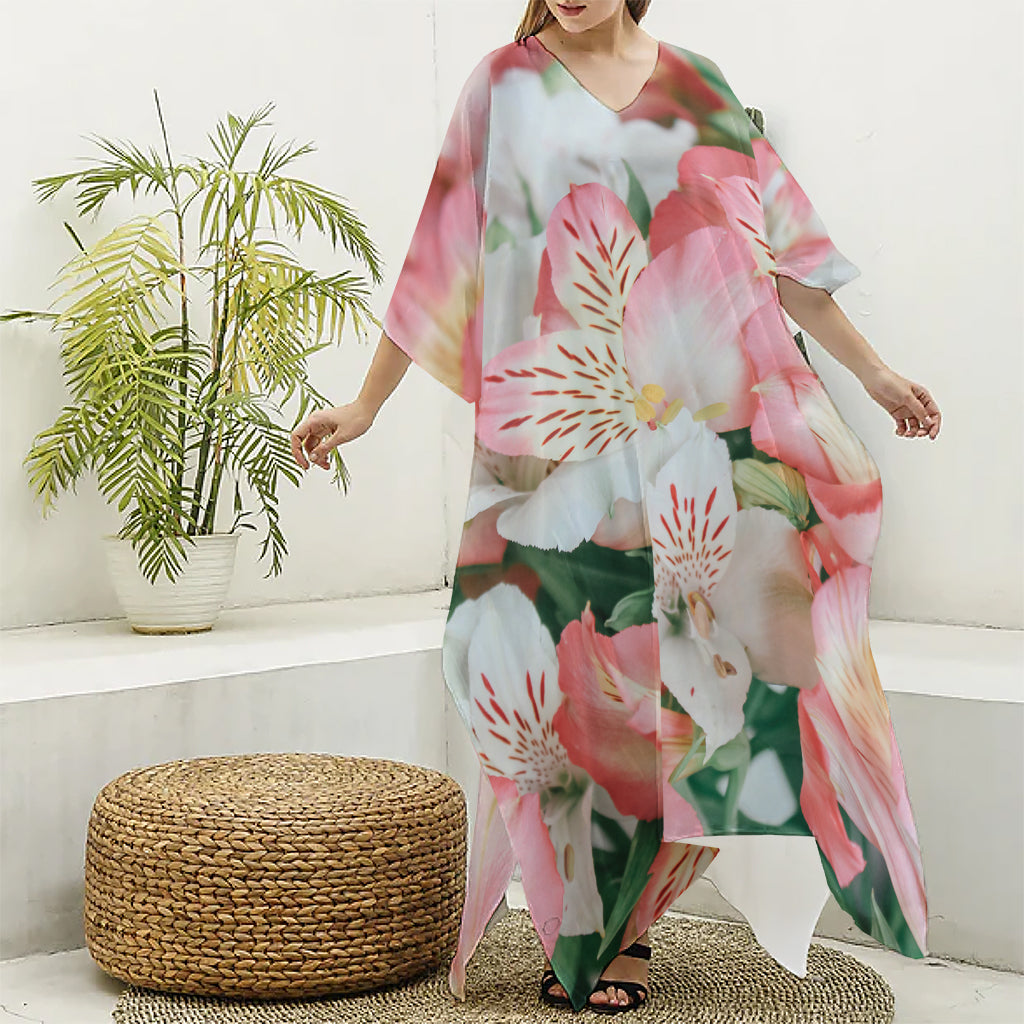 White And Pink Alstroemeria Print Silk V-Neck Kaftan Dress