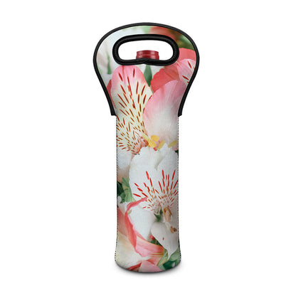 White And Pink Alstroemeria Print Single Neoprene Wine Tote