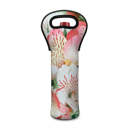White And Pink Alstroemeria Print Single Neoprene Wine Tote