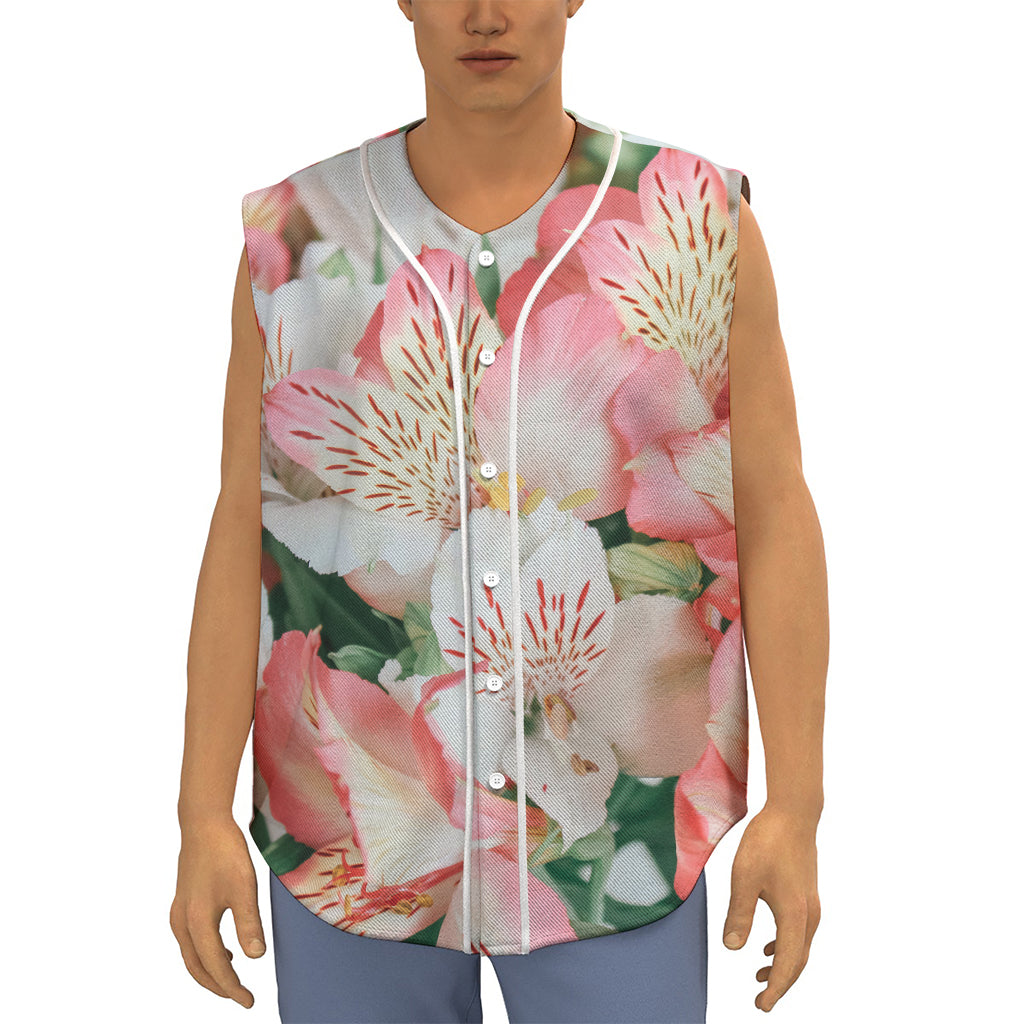 White And Pink Alstroemeria Print Sleeveless Baseball Jersey