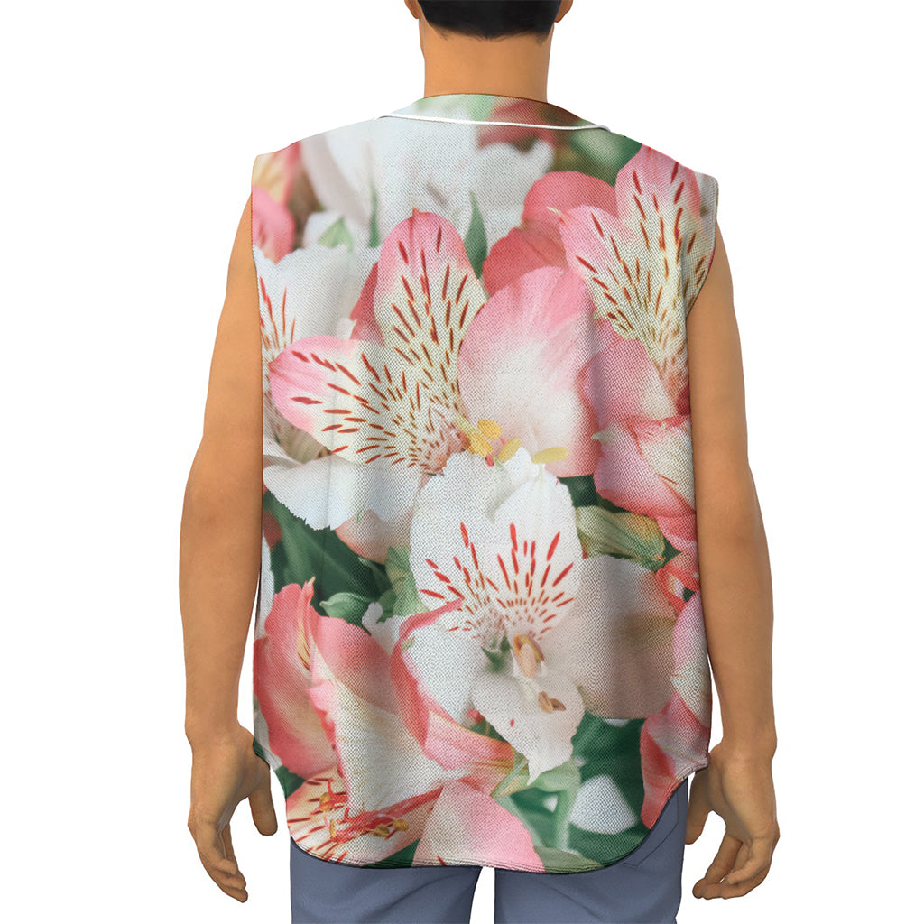 White And Pink Alstroemeria Print Sleeveless Baseball Jersey