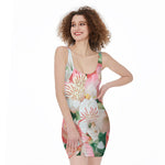 White And Pink Alstroemeria Print Sleeveless Bodycon Dress