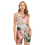 White And Pink Alstroemeria Print Sleeveless One Piece Swimsuit