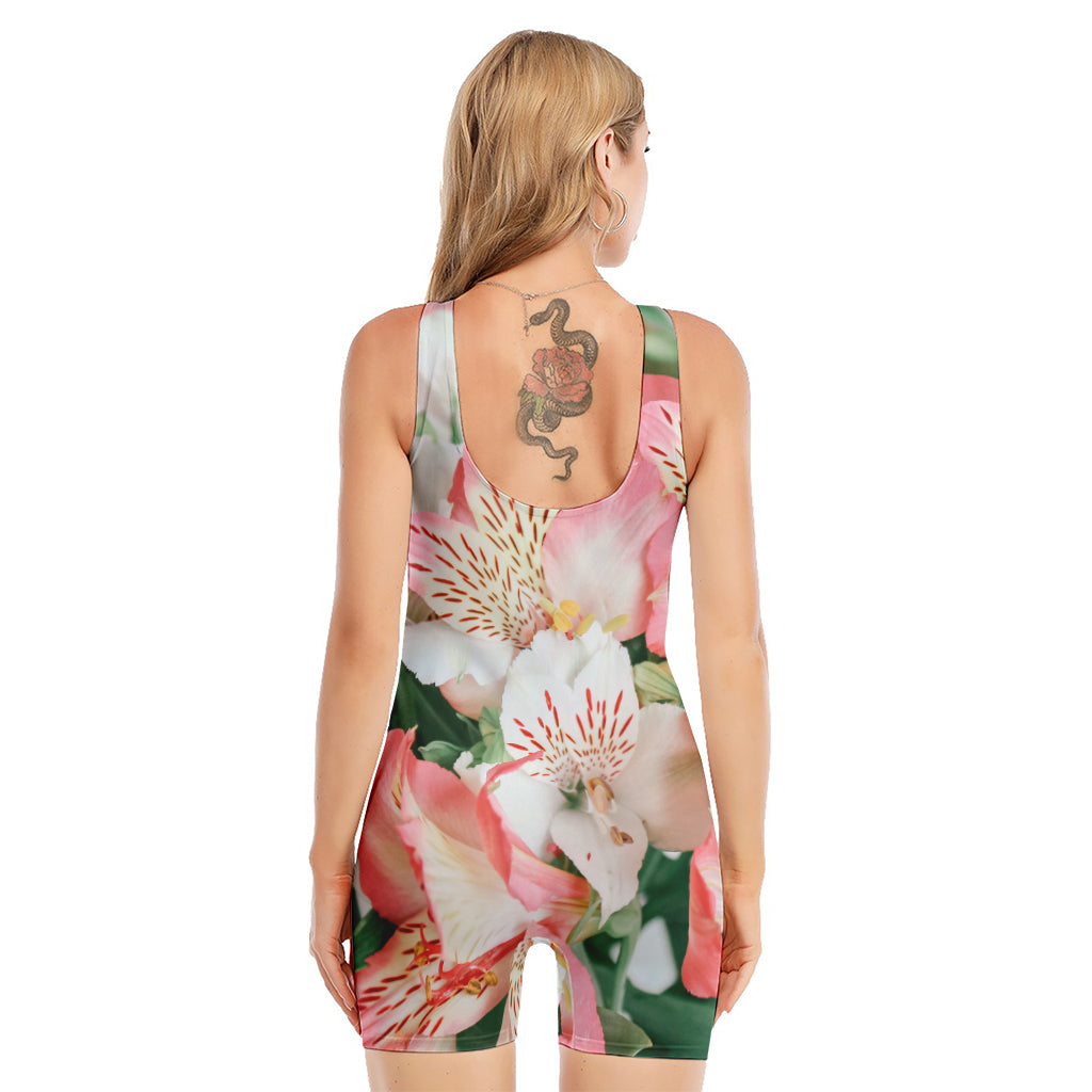 White And Pink Alstroemeria Print Sleeveless One Piece Swimsuit