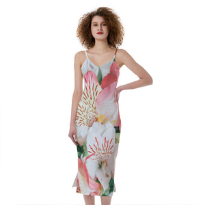 White And Pink Alstroemeria Print Slim Fit Midi Cami Dress