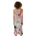 White And Pink Alstroemeria Print Slim Fit Midi Cami Dress