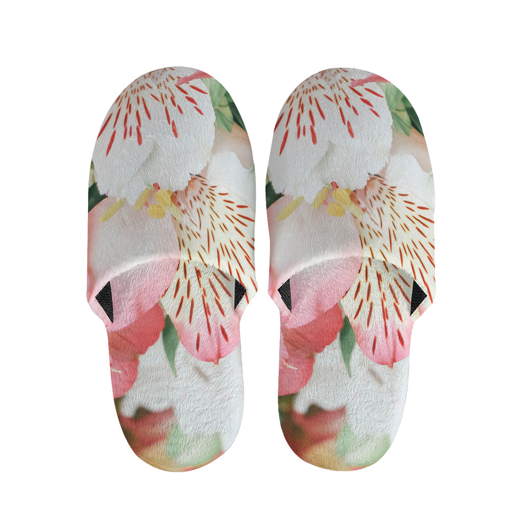 White And Pink Alstroemeria Print Slippers
