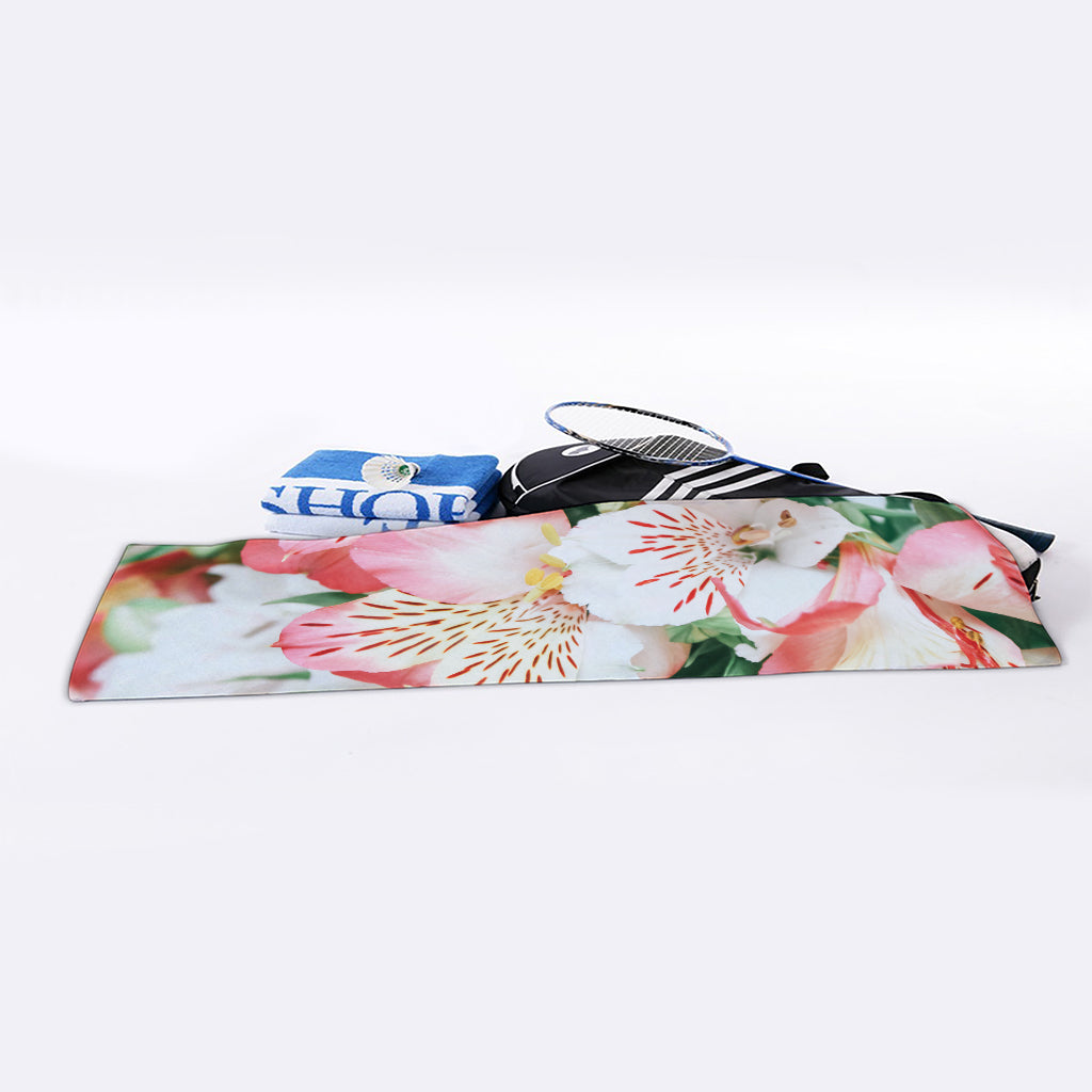 White And Pink Alstroemeria Print Sports Towel