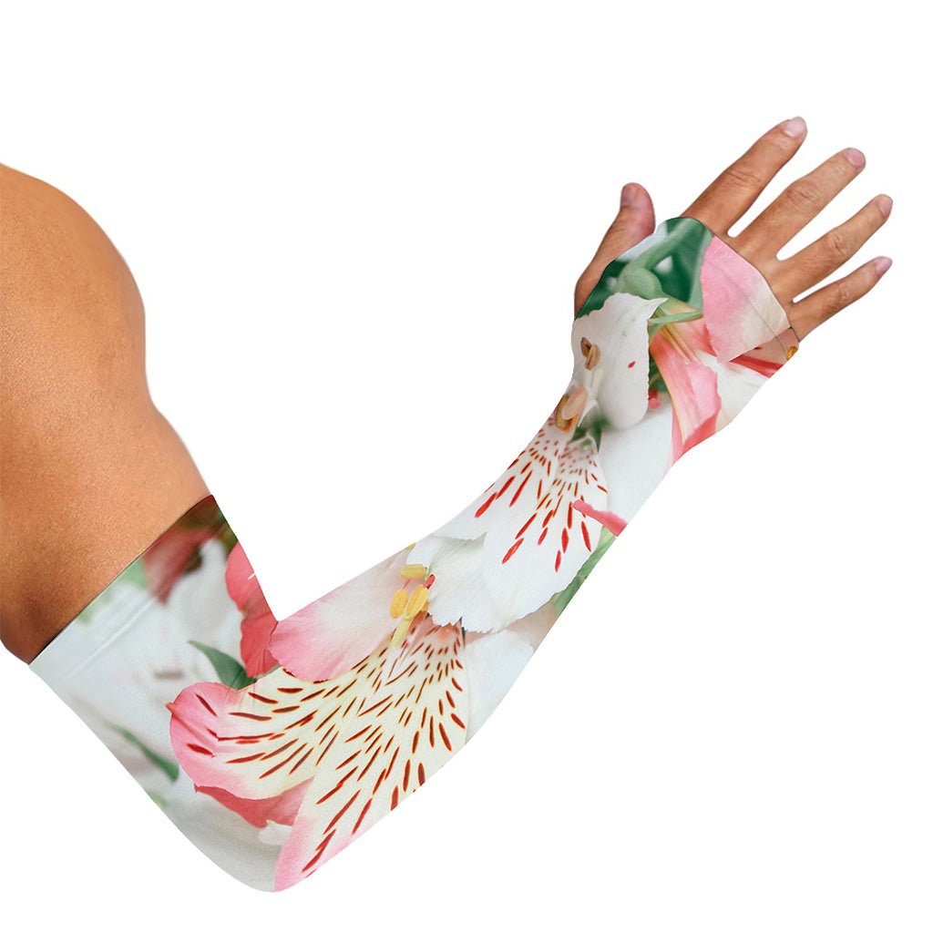 White And Pink Alstroemeria Print Sun Protection Arm Sleeves