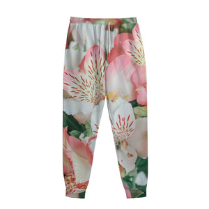 White And Pink Alstroemeria Print Sweatpants