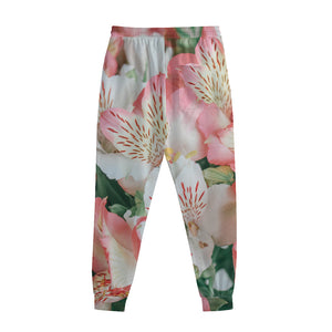 White And Pink Alstroemeria Print Sweatpants