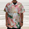 White And Pink Alstroemeria Print Textured Short Sleeve Shirt