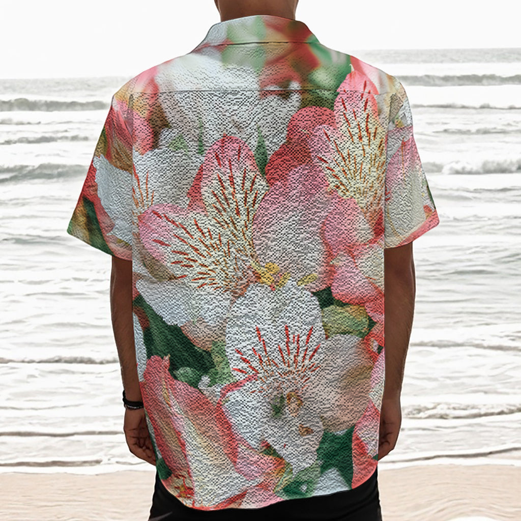 White And Pink Alstroemeria Print Textured Short Sleeve Shirt