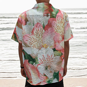 White And Pink Alstroemeria Print Textured Short Sleeve Shirt