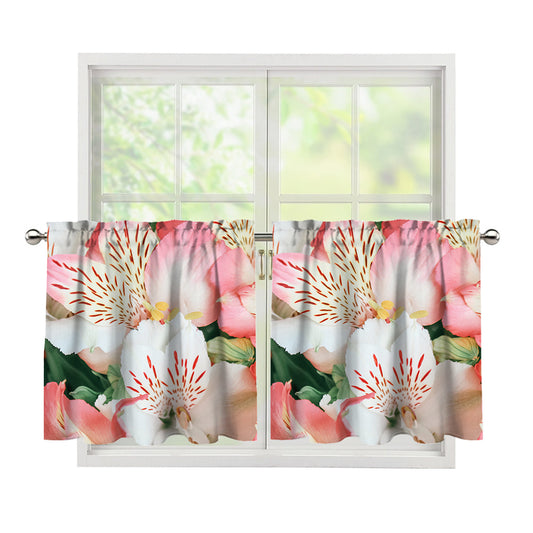 White And Pink Alstroemeria Print Tier Curtains