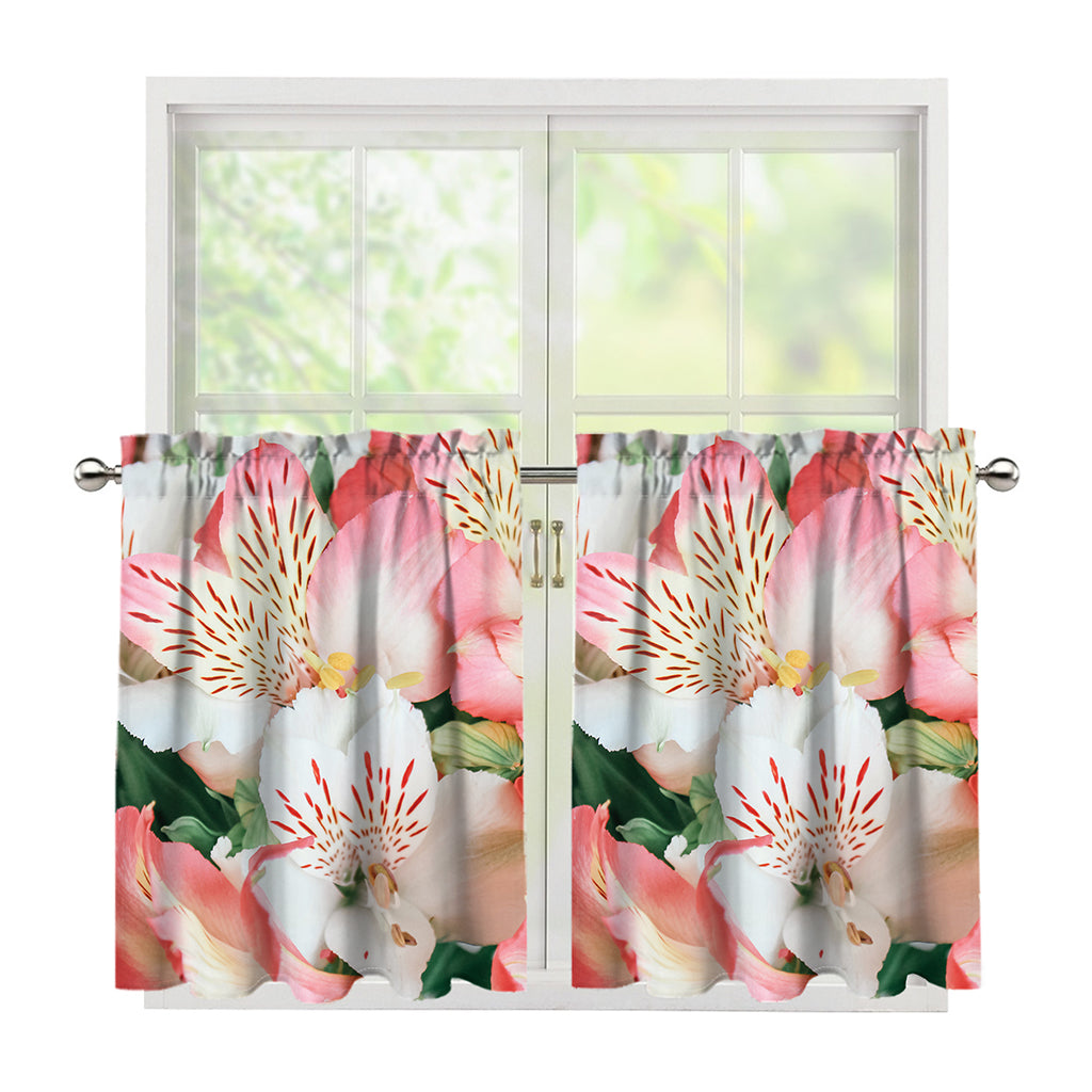 White And Pink Alstroemeria Print Tier Curtains