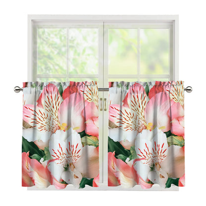 White And Pink Alstroemeria Print Tier Curtains