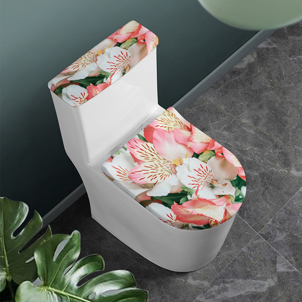 White And Pink Alstroemeria Print Toilet Lid And Tank Cover Set