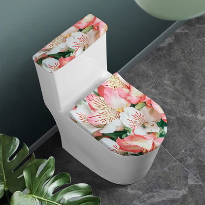 White And Pink Alstroemeria Print Toilet Lid And Tank Cover Set