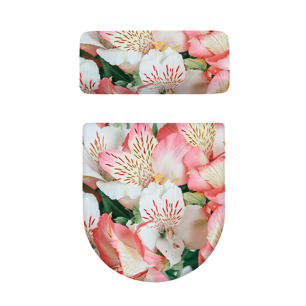 White And Pink Alstroemeria Print Toilet Lid And Tank Cover Set