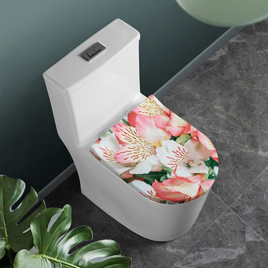 White And Pink Alstroemeria Print Toilet Lid Cover